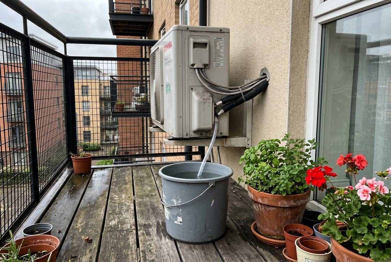 Air conditioning condensation tube routed into a deck bucket