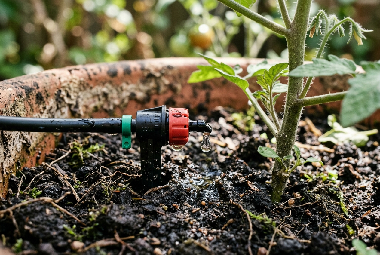 Drip emitter working close up at plant roots