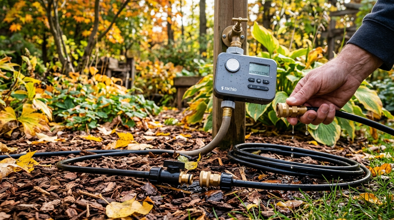 Winterizing smart garden irrigation timer and draining drip lines