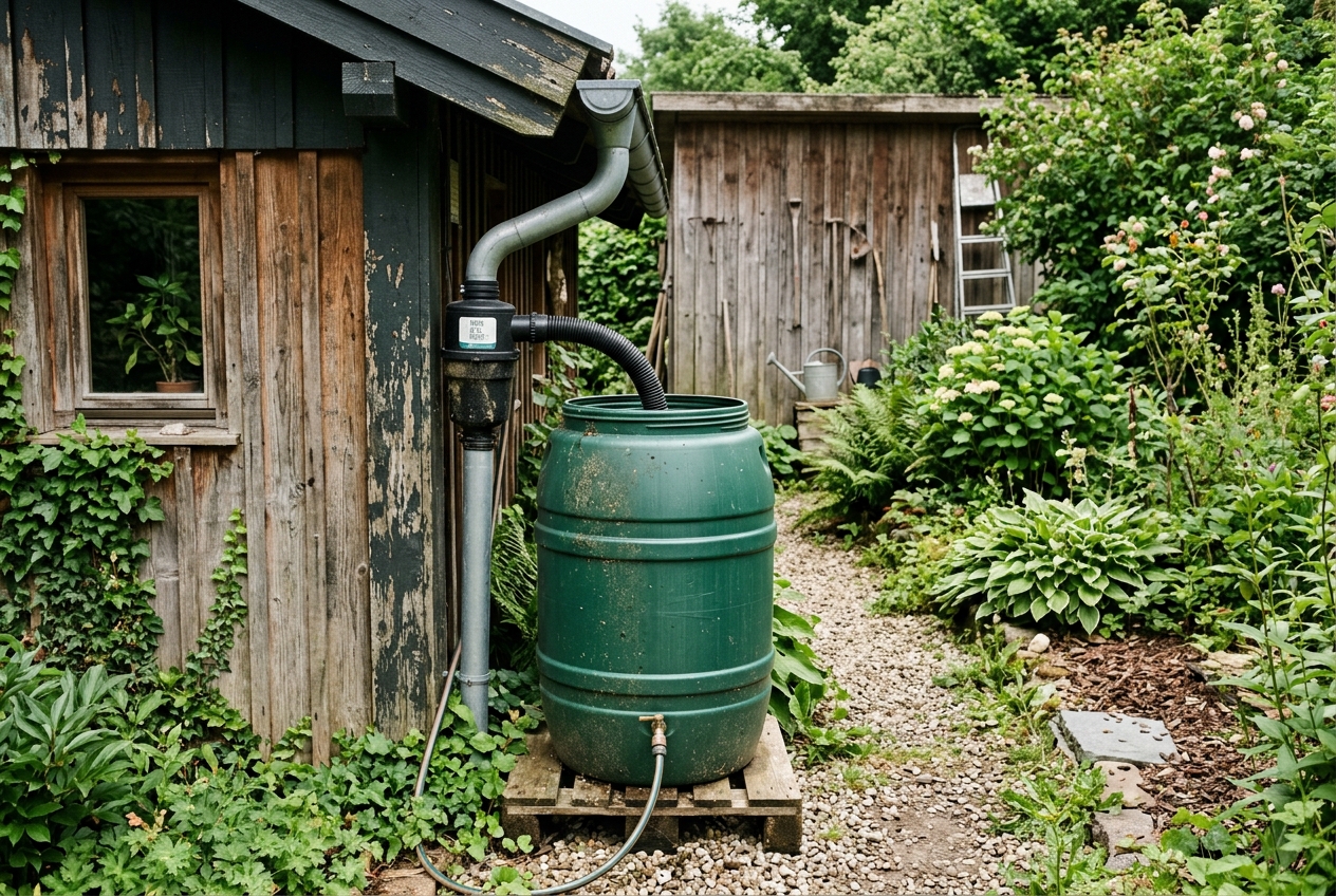 Rain barrel with downspout diverter filter outside a garden shed
